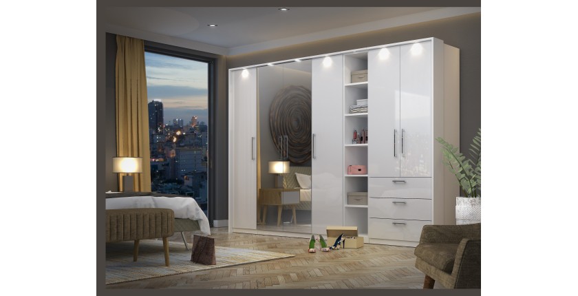 Dressing complet collection MODULO coloris blanc avec LED, joues de finitions et packs étagères inclus.