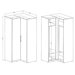 Dressing d'angle complet collection MODULO coloris blanc avec LED, joues de finitions et packs étagères inclus.