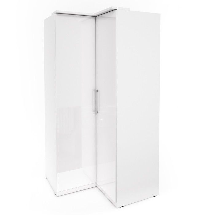Dressing d'angle complet collection MODULO coloris blanc avec LED, joues de finitions et packs étagères inclus.