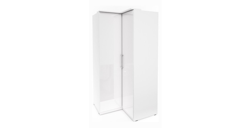Dressing d'angle complet collection MODULO coloris blanc avec LED, joues de finitions et packs étagères inclus.