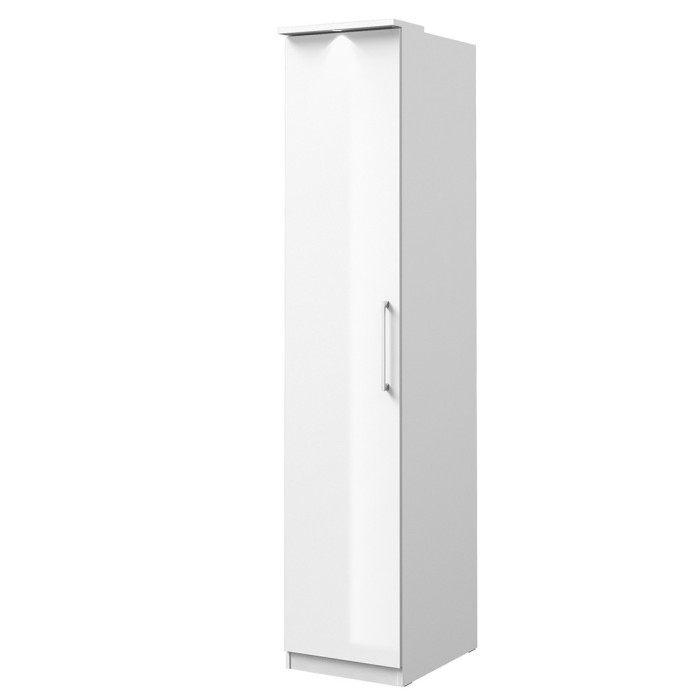 Dressing d'angle complet collection MODULO coloris blanc avec LED, joues de finitions et packs étagères inclus.