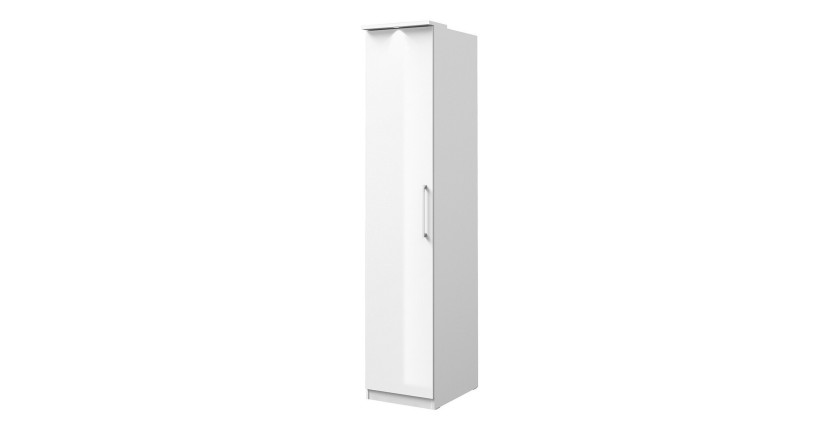 Dressing d'angle complet collection MODULO coloris blanc avec LED, joues de finitions et packs étagères inclus.