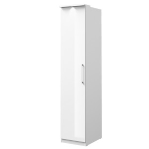 Dressing d'angle complet collection MODULO coloris blanc avec LED, joues de finitions et packs étagères inclus.