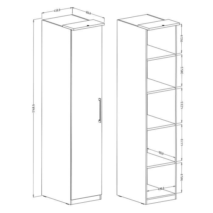 Dressing d'angle complet collection MODULO coloris blanc avec LED, joues de finitions et packs étagères inclus.