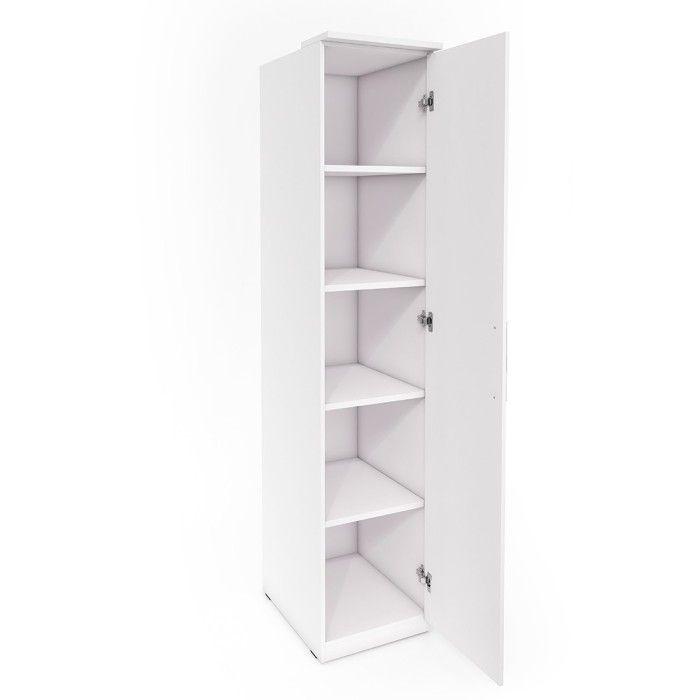 Dressing d'angle complet collection MODULO coloris blanc avec LED, joues de finitions et packs étagères inclus.