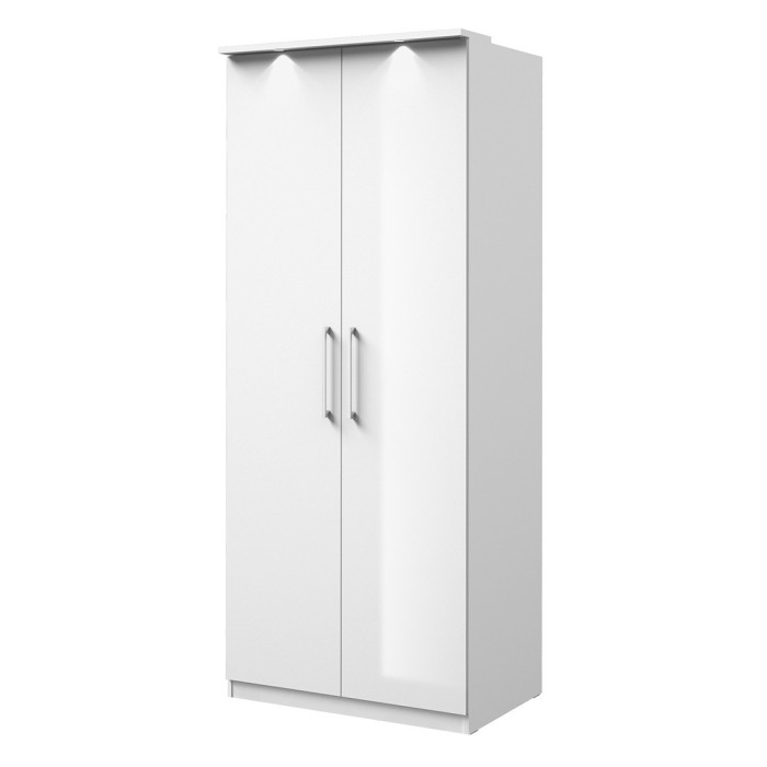 Dressing d'angle complet collection MODULO coloris blanc avec LED, joues de finitions et packs étagères inclus.
