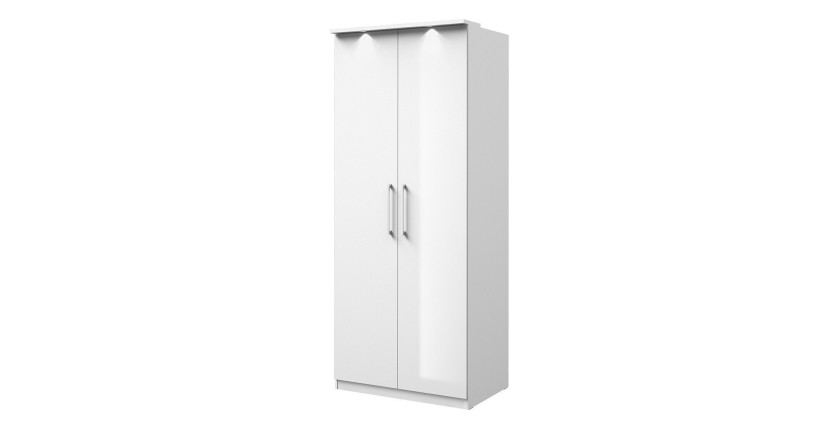 Dressing d'angle complet collection MODULO coloris blanc avec LED, joues de finitions et packs étagères inclus.