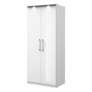 Dressing d'angle complet collection MODULO coloris blanc avec LED, joues de finitions et packs étagères inclus.