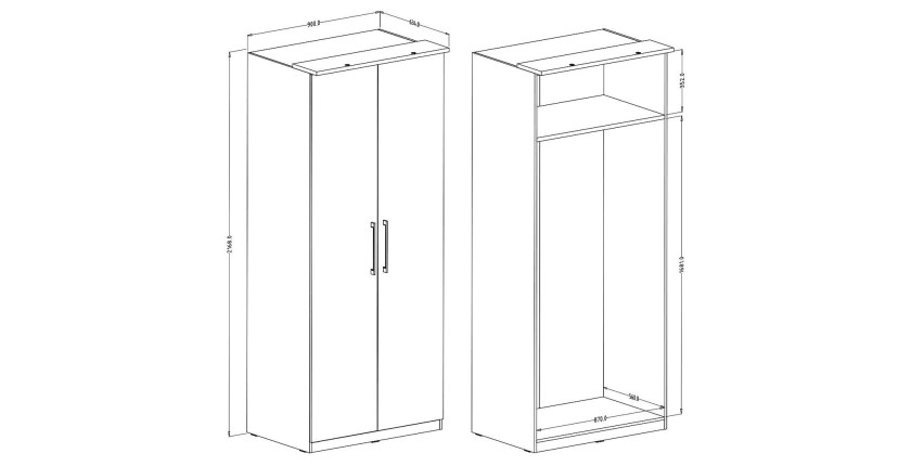 Dressing d'angle complet collection MODULO coloris blanc avec LED, joues de finitions et packs étagères inclus.