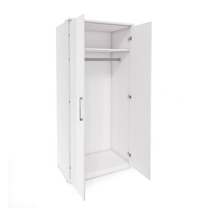 Dressing d'angle complet collection MODULO coloris blanc avec LED, joues de finitions et packs étagères inclus.