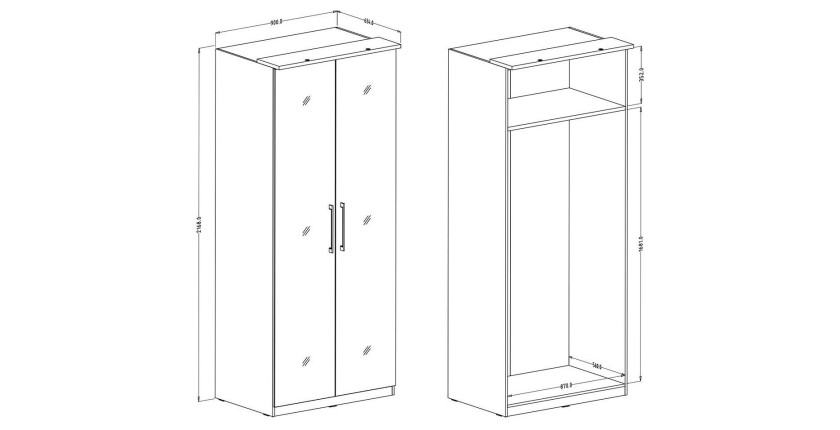 Dressing d'angle complet collection MODULO coloris blanc avec LED, joues de finitions et packs étagères inclus.
