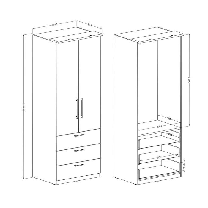 Dressing d'angle complet collection MODULO coloris blanc avec LED, joues de finitions et packs étagères inclus.