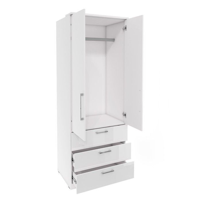 Dressing d'angle complet collection MODULO coloris blanc avec LED, joues de finitions et packs étagères inclus.