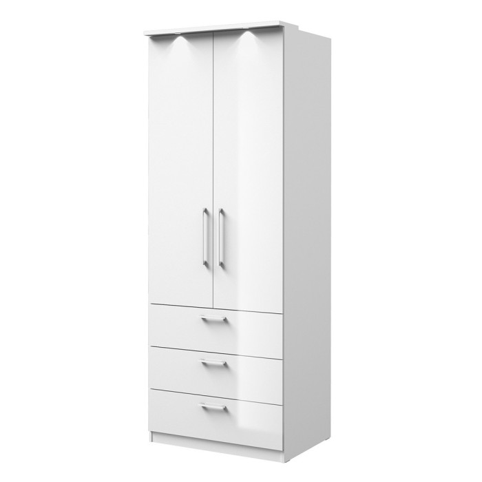 Dressing d'angle complet collection MODULO coloris blanc avec LED, joues de finitions et packs étagères inclus.