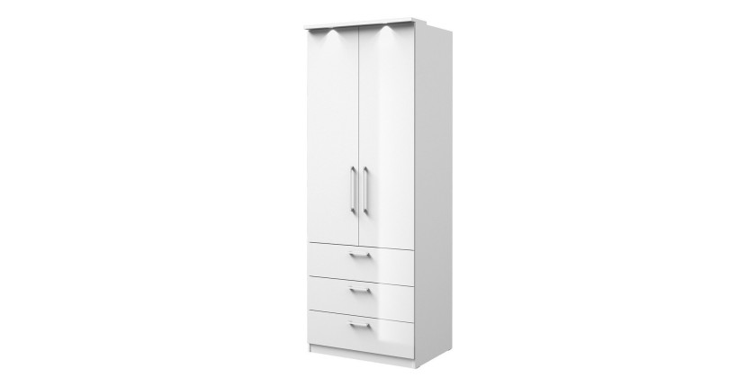 Dressing d'angle complet collection MODULO coloris blanc avec LED, joues de finitions et packs étagères inclus.