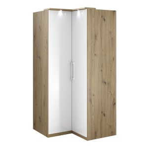 Armoire d'angle pour dressing collection MODULO coloris chêne et blanc brillant avec LED incluses.