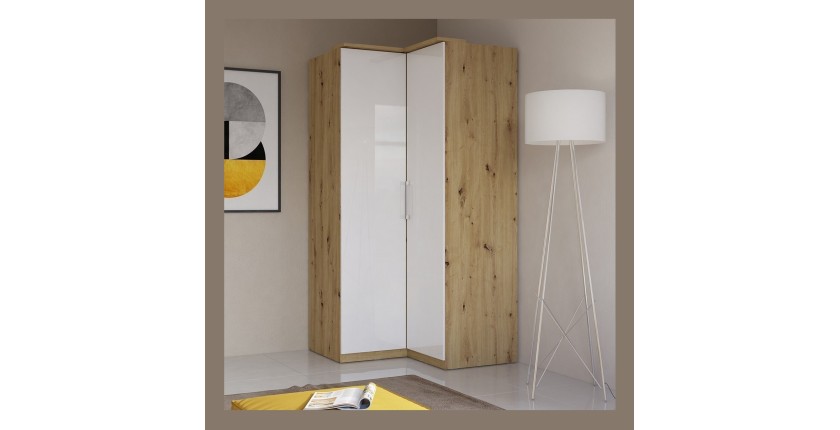 Armoire d'angle pour dressing collection MODULO coloris chêne et blanc brillant avec LED incluses.