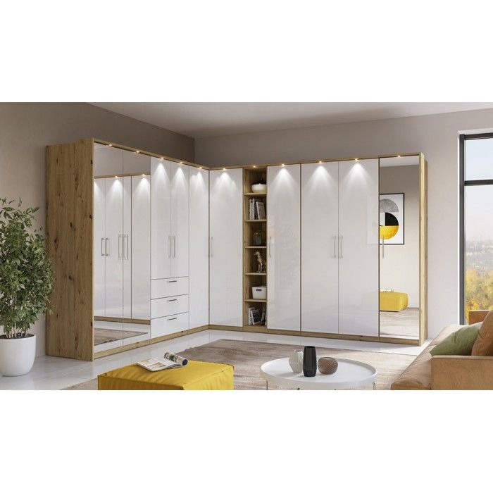 Armoire d'angle pour dressing collection MODULO coloris chêne et blanc brillant avec LED incluses.