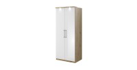 Armoire 2 portes pour dressing collection MODULO coloris chêne et blanc brillant avec LED et pack 3 étagères inclus.