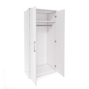 Armoire 2 portes pour dressing collection MODULO coloris chêne et blanc brillant avec LED et pack 3 étagères inclus.