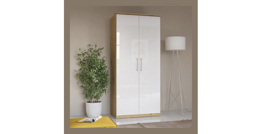 Armoire 2 portes pour dressing collection MODULO coloris chêne et blanc brillant avec LED et pack 3 étagères inclus.