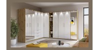 Armoire 2 portes pour dressing collection MODULO coloris chêne et blanc brillant avec LED et pack 3 étagères inclus.