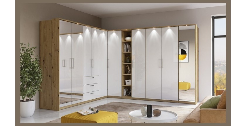 Armoire 2 portes pour dressing collection MODULO coloris chêne et blanc brillant avec LED et pack 3 étagères inclus.