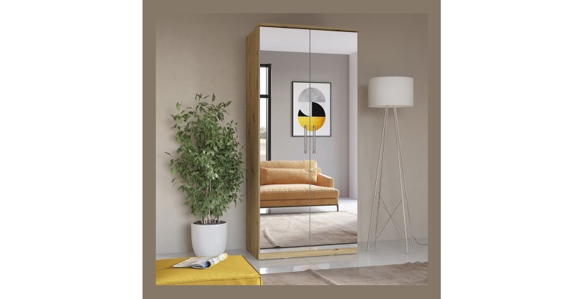 Armoire 2 portes avec miroir pour dressing collection MODULO coloris chêne avec LED et pack 3 étagères inclus.