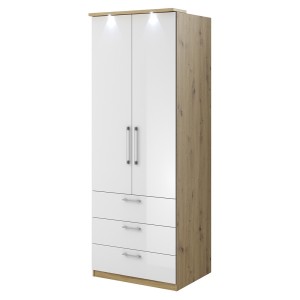 Armoire 2 portes et 3 tiroirs pour dressing collection MODULO coloris chêne avec LED et pack 3 étagères inclus.