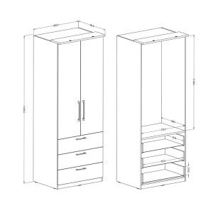 Armoire 2 portes et 3 tiroirs pour dressing collection MODULO coloris chêne avec LED et pack 3 étagères inclus.