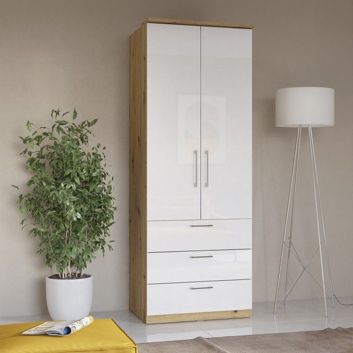 Armoire 2 portes et 3 tiroirs pour dressing collection MODULO coloris chêne avec LED et pack 3 étagères inclus.