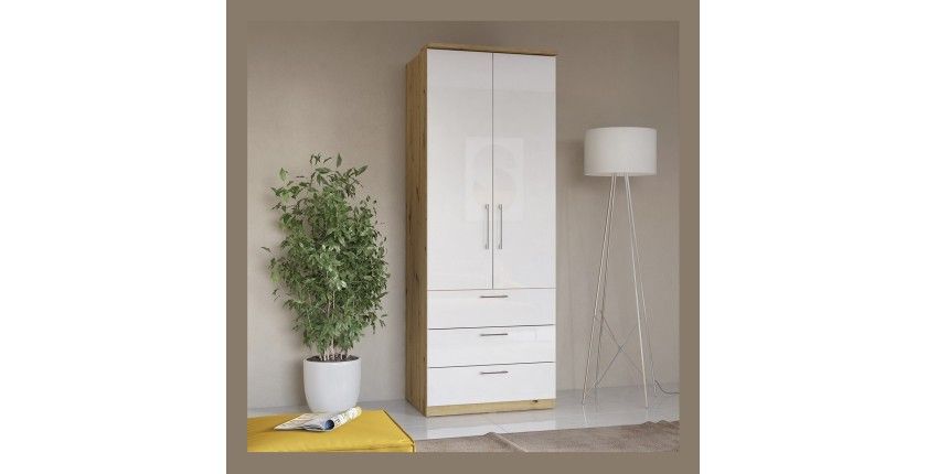 Armoire 2 portes et 3 tiroirs pour dressing collection MODULO coloris chêne avec LED et pack 3 étagères inclus.
