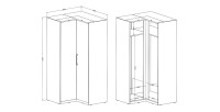 Dressing d'angle complet collection MODULO coloris chêne et blanc brillant avec LED, joues de finitions et étagères inclus.