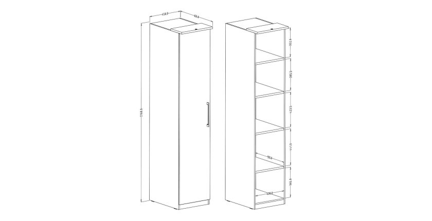 Dressing d'angle complet collection MODULO coloris chêne et blanc brillant avec LED, joues de finitions et étagères inclus.