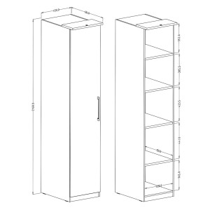 Dressing d'angle complet collection MODULO coloris chêne et blanc brillant avec LED, joues de finitions et étagères inclus.