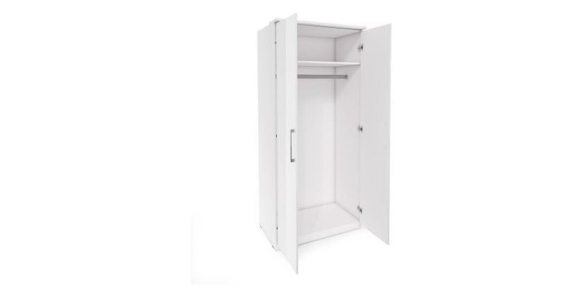 Dressing d'angle complet collection MODULO coloris chêne et blanc brillant avec LED, joues de finitions et étagères inclus.