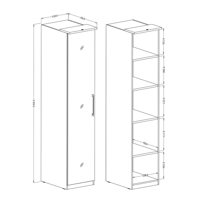 Dressing d'angle complet collection MODULO coloris chêne et blanc brillant avec LED, joues de finitions et étagères inclus.