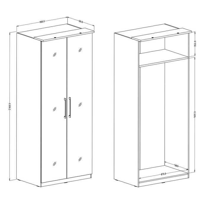 Dressing d'angle complet collection MODULO coloris chêne et blanc brillant avec LED, joues de finitions et étagères inclus.