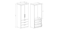 Dressing d'angle complet collection MODULO coloris chêne et blanc brillant avec LED, joues de finitions et étagères inclus.