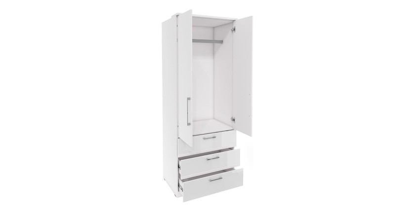 Dressing d'angle complet collection MODULO coloris chêne et blanc brillant avec LED, joues de finitions et étagères inclus.