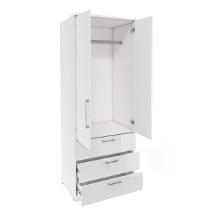 Dressing d'angle complet collection MODULO coloris chêne et blanc brillant avec LED, joues de finitions et étagères inclus.