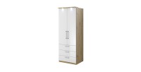 Dressing d'angle complet collection MODULO coloris chêne et blanc brillant avec LED, joues de finitions et étagères inclus.