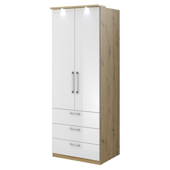 Dressing d'angle complet collection MODULO coloris chêne et blanc brillant avec LED, joues de finitions et étagères inclus.