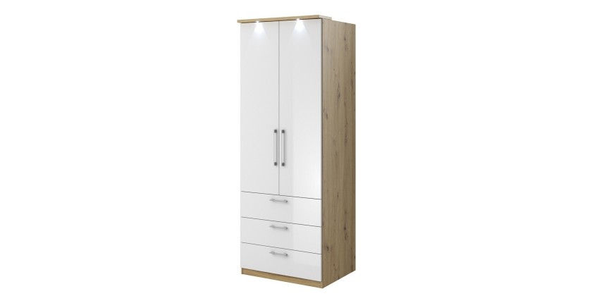 Dressing d'angle complet collection MODULO coloris chêne et blanc brillant avec LED, joues de finitions et étagères inclus.