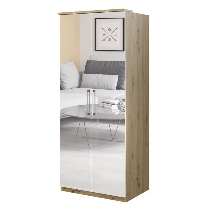 Dressing d'angle complet collection MODULO coloris chêne et blanc brillant avec LED, joues de finitions et étagères inclus.