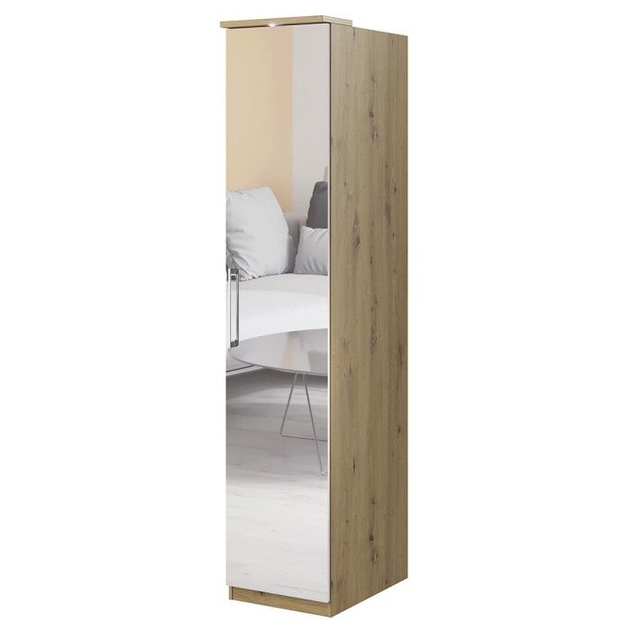 Dressing d'angle complet collection MODULO coloris chêne et blanc brillant avec LED, joues de finitions et étagères inclus.