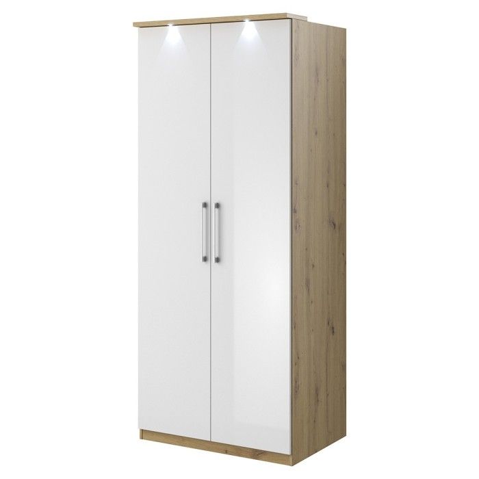 Dressing d'angle complet collection MODULO coloris chêne et blanc brillant avec LED, joues de finitions et étagères inclus.
