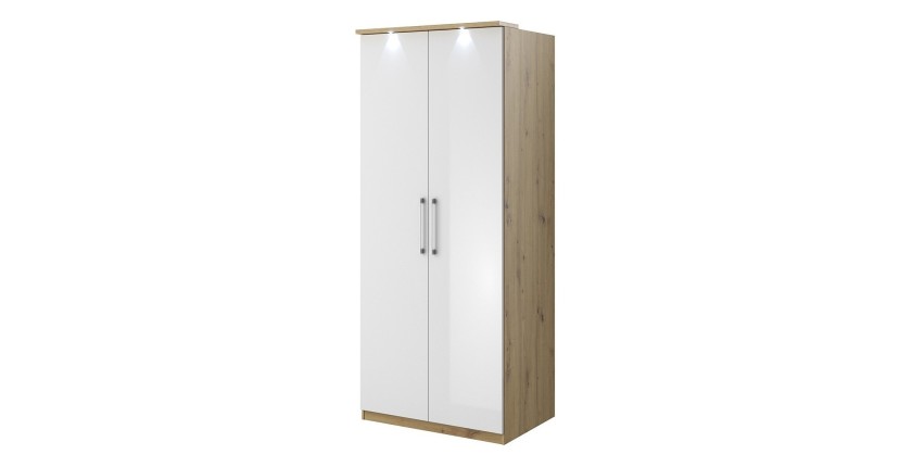 Dressing d'angle complet collection MODULO coloris chêne et blanc brillant avec LED, joues de finitions et étagères inclus.