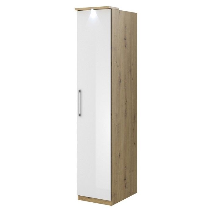 Dressing d'angle complet collection MODULO coloris chêne et blanc brillant avec LED, joues de finitions et étagères inclus.