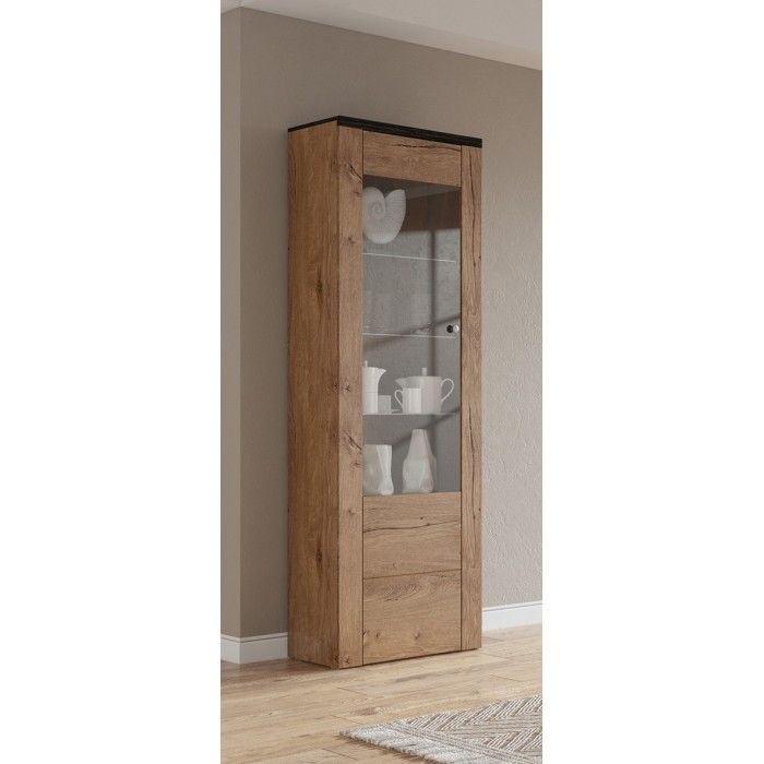 Vitrine haute design 1 porte avec éclairage LED collection SANTIAGO. Coloris chêne et noir effet bois.